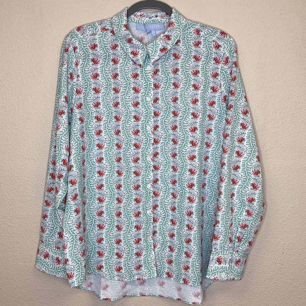 Hill House Button-Down Shirt in White with Red Floral and Green Leaf Print